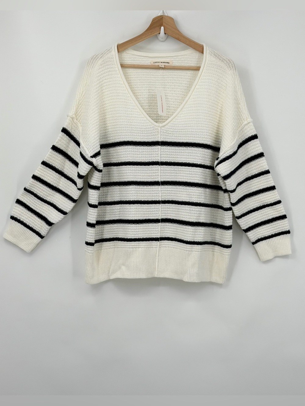 NWT Lucky Brand striped coastal boxy cotton blend v neck sweater size 1X ribbed